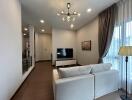 Elegant living room with modern furnishings and hardwood flooring