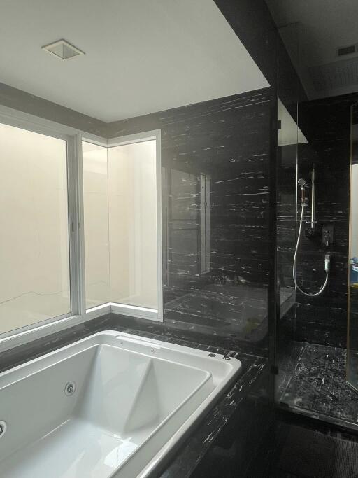 Modern bathroom with jacuzzi and black marble walls