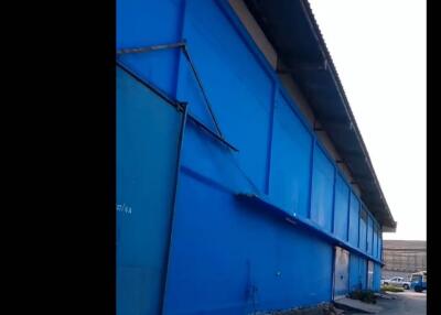 Bright blue industrial building exterior