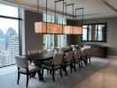 Elegant dining room with modern furnishings and city view