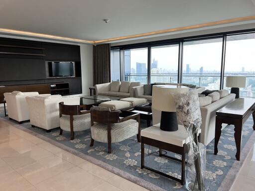 Spacious and modern living room with cityscape view