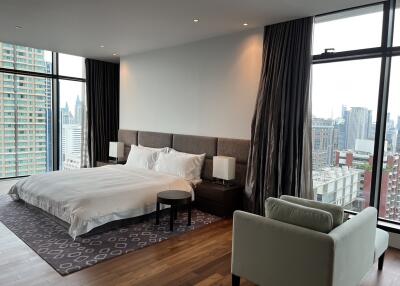 Spacious modern bedroom with city view