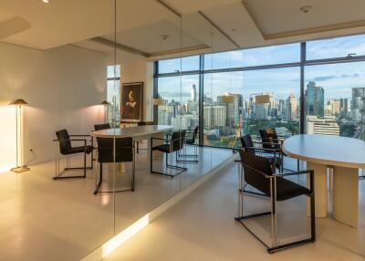 Spacious modern living room with cityscape views