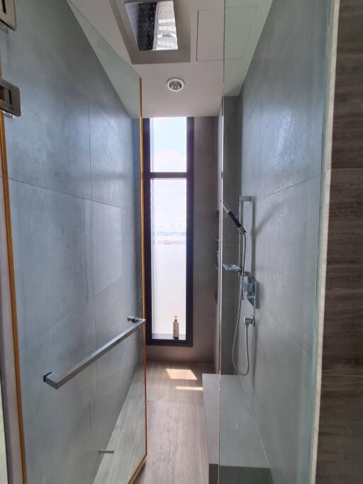 Modern bathroom with a vertical shower and sleek design