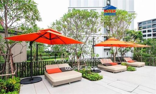 Modern outdoor lounge area with comfortable seating and vibrant orange umbrellas