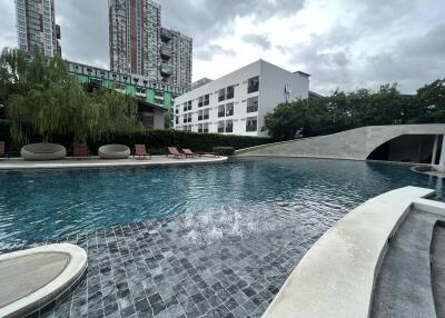 Luxurious residential outdoor swimming pool with adjacent buildings and lush greenery