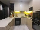 Modern kitchen with integrated appliances and under-cabinet lighting