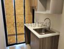 Compact modern kitchen with stainless steel sink and wooden cabinetry