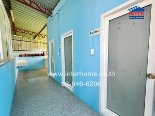 Blue corridor with doors leading to rooms and tiled flooring