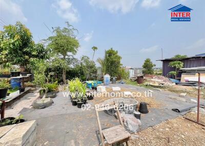 Outdoor garden area with scattered plants and seating, potential for landscaping in residential property