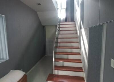 Interior view of a house showcasing a staircase with red steps