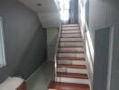 Interior view of a house showcasing a staircase with red steps