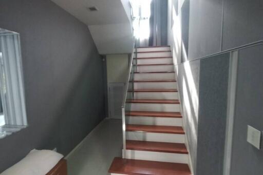 Interior view of a house showcasing a staircase with red steps