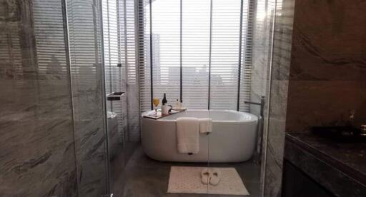 Luxurious modern bathroom with free-standing tub and elegant finishes