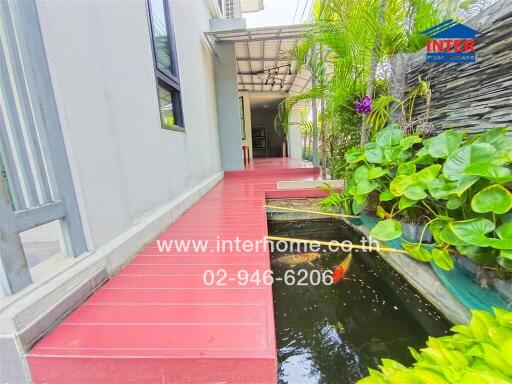 Exterior view of a house with red walkway and lush green plants