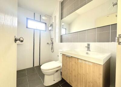 Modern bathroom with grey tiles and wooden cabinets