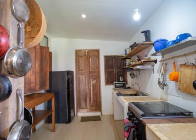 Spacious kitchen with wooden furniture and modern appliances