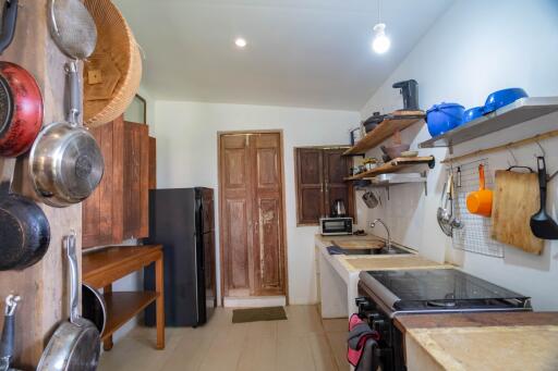 Spacious kitchen with wooden furniture and modern appliances