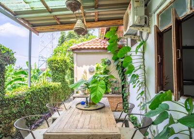 Cozy patio area with lush greenery and natural lighting