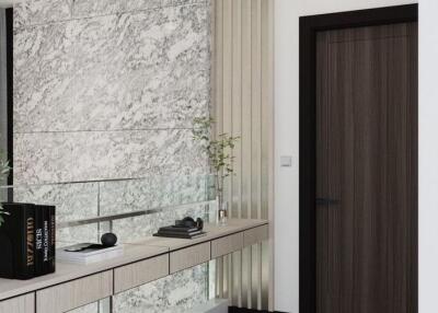 Elegant modern hallway with marble wall and sleek storage console