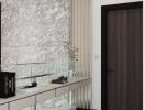 Elegant modern hallway with marble wall and sleek storage console