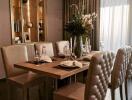 Elegantly decorated dining room with a modern wooden table and plush chairs