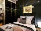 Elegant modern bedroom with artistic decor and ambient lighting
