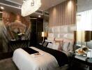 Luxurious modern bedroom with artistic decor and ambient lighting