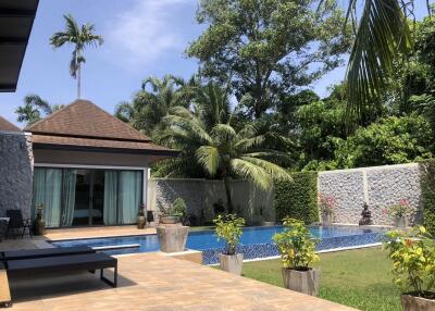 Luxurious backyard with swimming pool and lush greenery