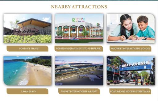 Collage of nearby attractions including beaches, shopping centers, and educational facilities in Phuket, Thailand