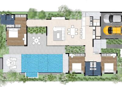 Detailed architectural floor plan of a modern house featuring multiple bedrooms, a living area, kitchen, and a garage