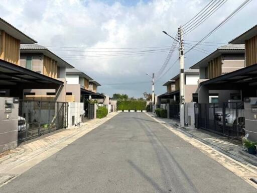 Quiet residential street with modern homes