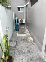 Narrow outdoor side alley with potted plants and an air conditioning unit