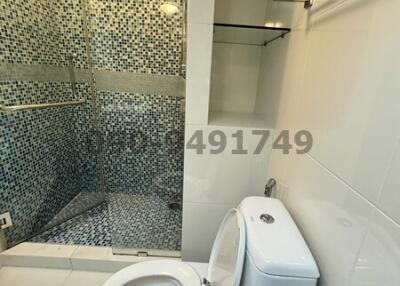 Modern bathroom with mosaic tiled shower and white fixtures