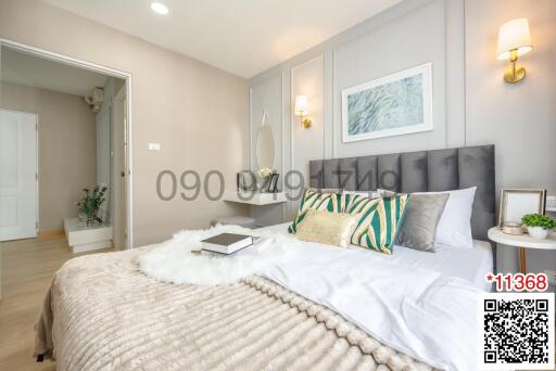 Elegant modern bedroom with stylish decor and comfortable bedding