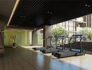 Modern gym facility in residential building with treadmills and exercise equipment