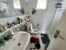 Spacious bathroom filled with personal items and toiletries