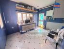 Bright blue kitchen with white tiled floor