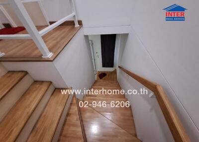 Wooden staircase in a modern home leading to upper and lower floors