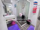 Modern bathroom with shower and comprehensive amenities