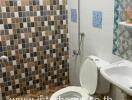 Compact bathroom with tiled walls and flooring