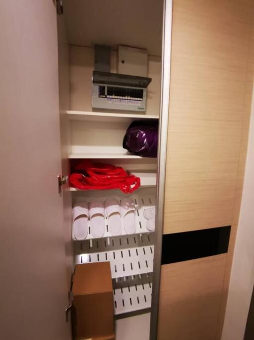 Organized storage closet with shelves