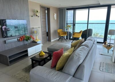 Cozy and modern living room with ocean view