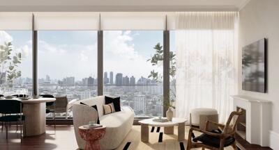 Elegant modern living room with cityscape view through floor-to-ceiling windows