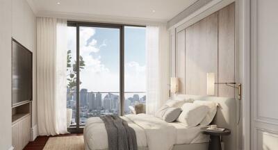 Modern bedroom with cityscape view and natural light