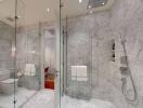 Modern bathroom with marble walls and glass shower