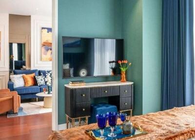 Elegant living room with vibrant color scheme and modern decor