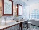 Elegant modern bathroom with marble walls and dual sinks