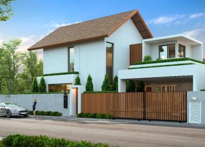 Modern two-story house with elegant design and green landscaping