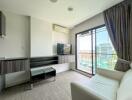 Modern living room with natural light and city view